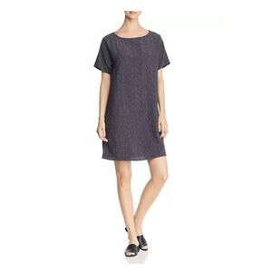 Eileen Fisher Black Dk.Gray&White Morse Code Print Crepe Shift Dress Sz.L